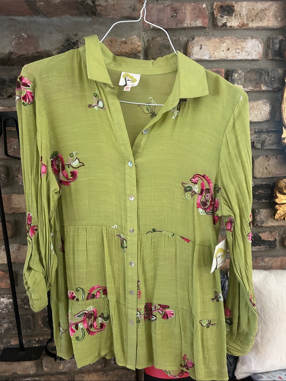 fig and flower Lime Green Button-Front Blouse with Pink Floral Embroidery